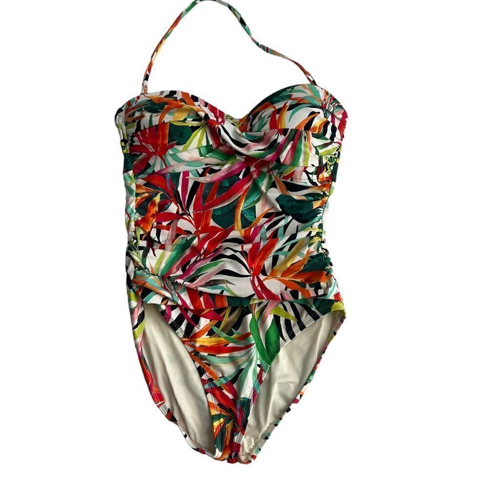 La Blanca Jungle Tropical One Piece Ruched Sides Colorful Halter Swimsuit sz 6